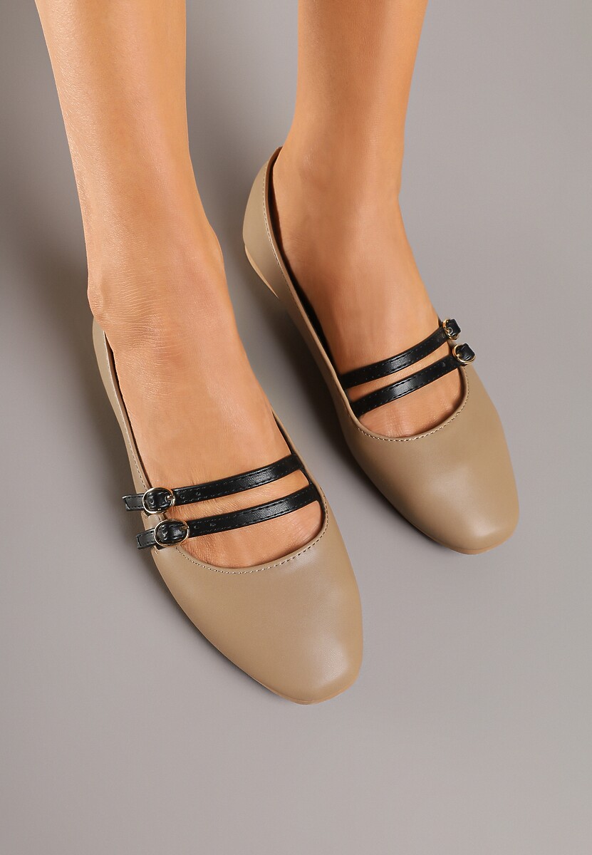Ciemnobeżowe Balerinki w Stylu Mary Jane z Paseczkami Davinara