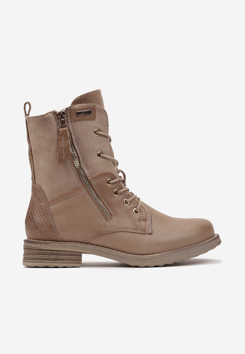 Beżowe Botki z Ozdobnym Suwakiem i Sznurowaniem Sanara
