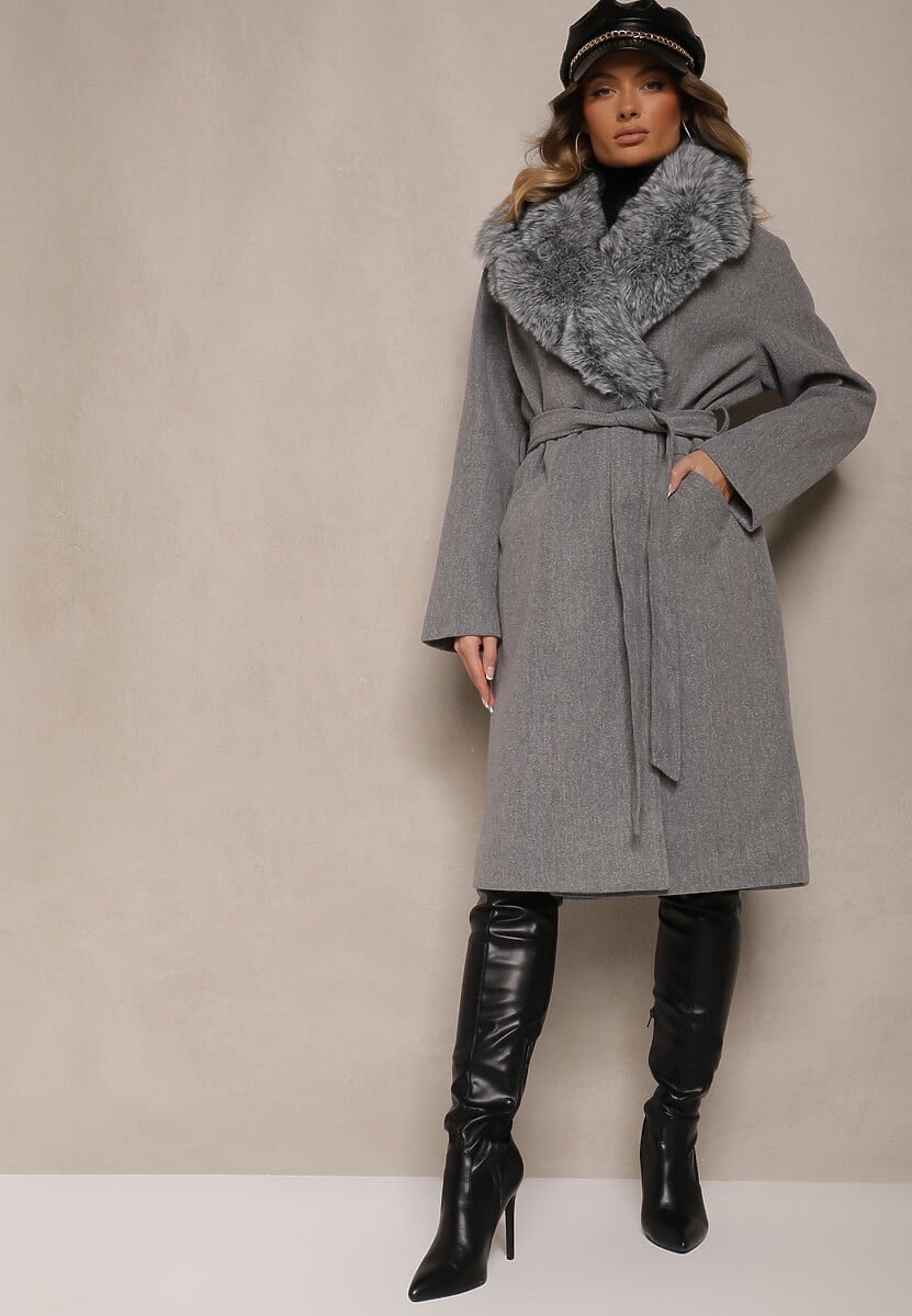 Szary Stylowy Płaszcz o Dwurzędowym Fasonie z Kołnierzem z Futerka i Paskiem Delarwen