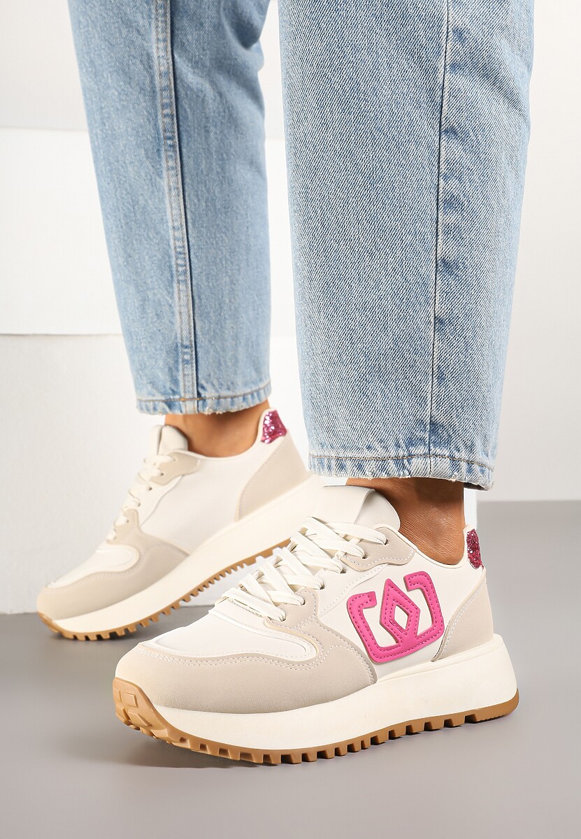 Beżowo-Różowe Sneakersy na Niskiej Platformie Zdobione Aplikacją Alimrela