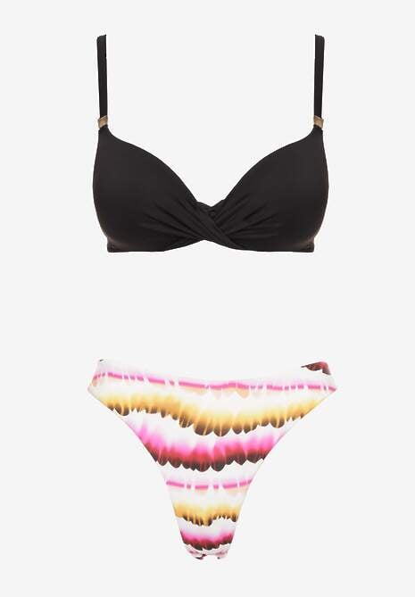 Czarno-Różowe Bikini Majtki Figi Ozdobione Nadrukiem i Biustonosz Natinalia