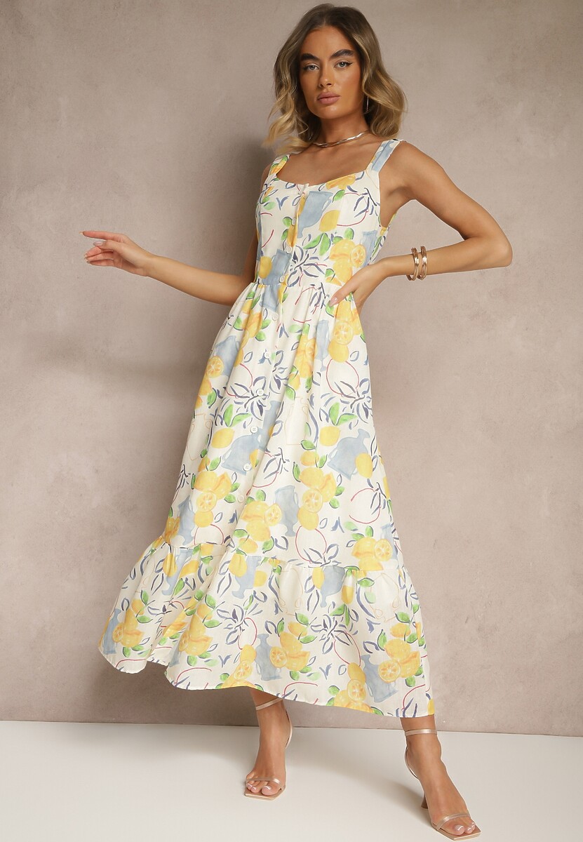 Beżowa Bawełniana Sukienka z Motywem Cytryn Lenvira