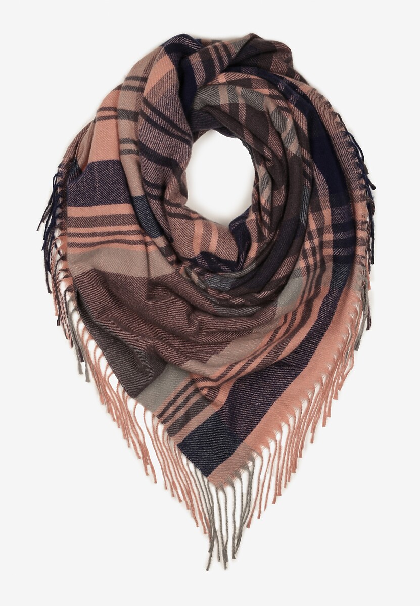 Szaro-Różowy Kraciasty Szalik z Wiskozy i Bawełny z Frędzlami Relavis