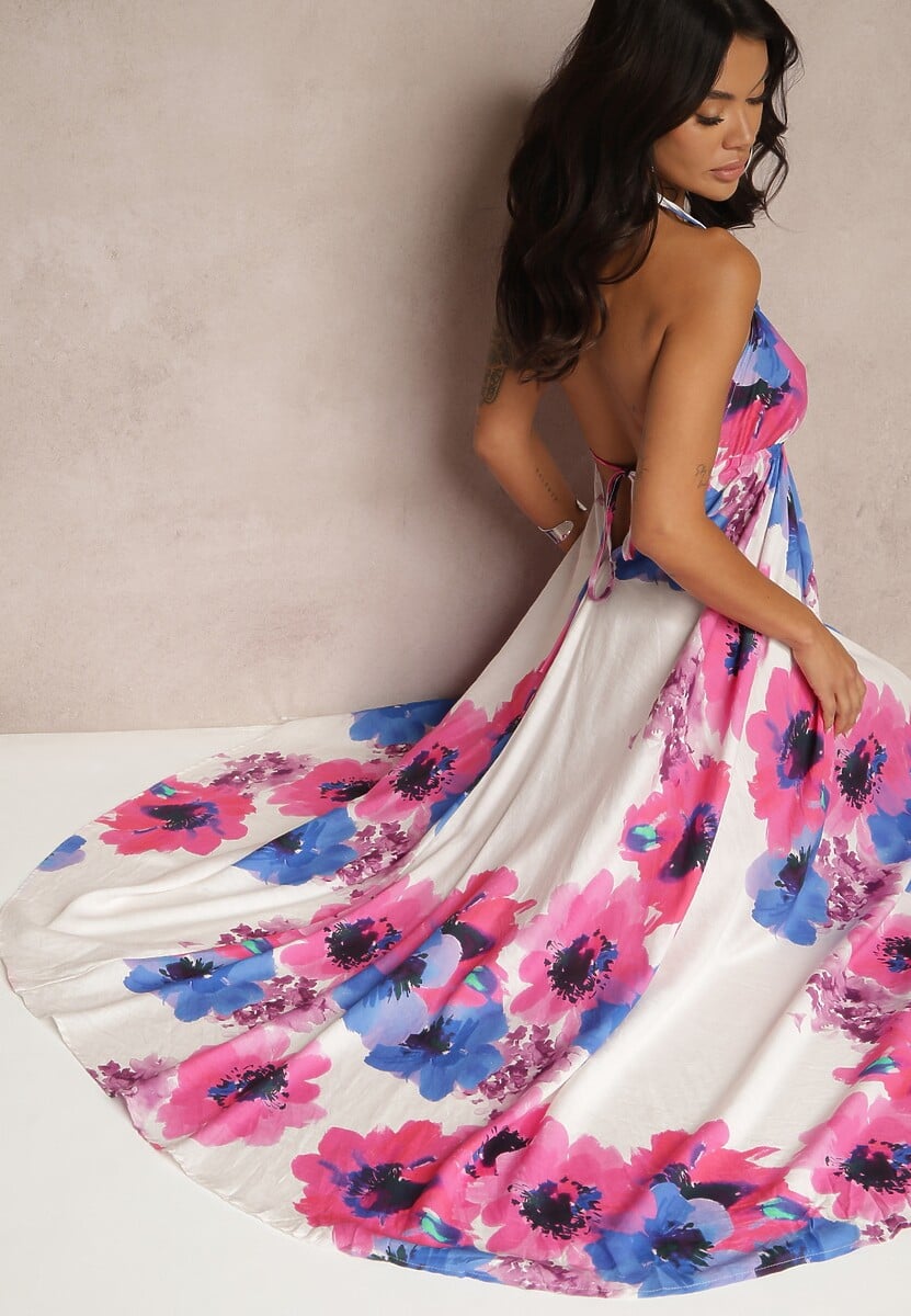 Fuksjowa Rozkloszowana Sukienka z Wiskozy w Kwiaty Wiązana z Tyłu Naluma