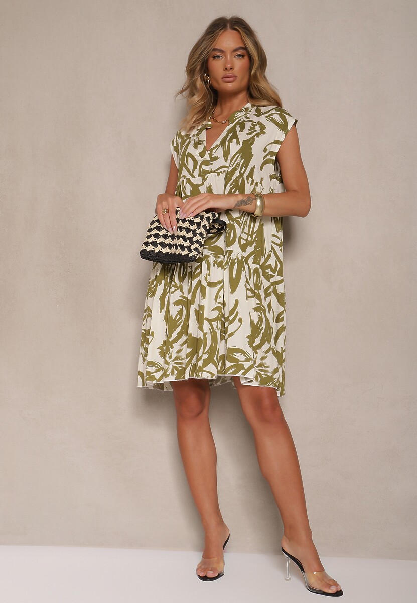 Zielona Sukienka z Bawełny Ozdobiona Abstrakcyjnym Motywem Lisovia