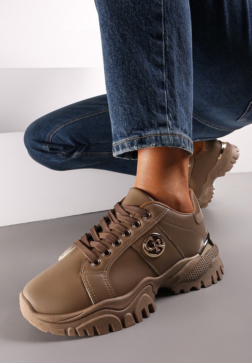 Ciemnobeżowe Sneakersy przed Kostkę z Metalicznym Zdobieniem na Grubej Podeszwie Umsine