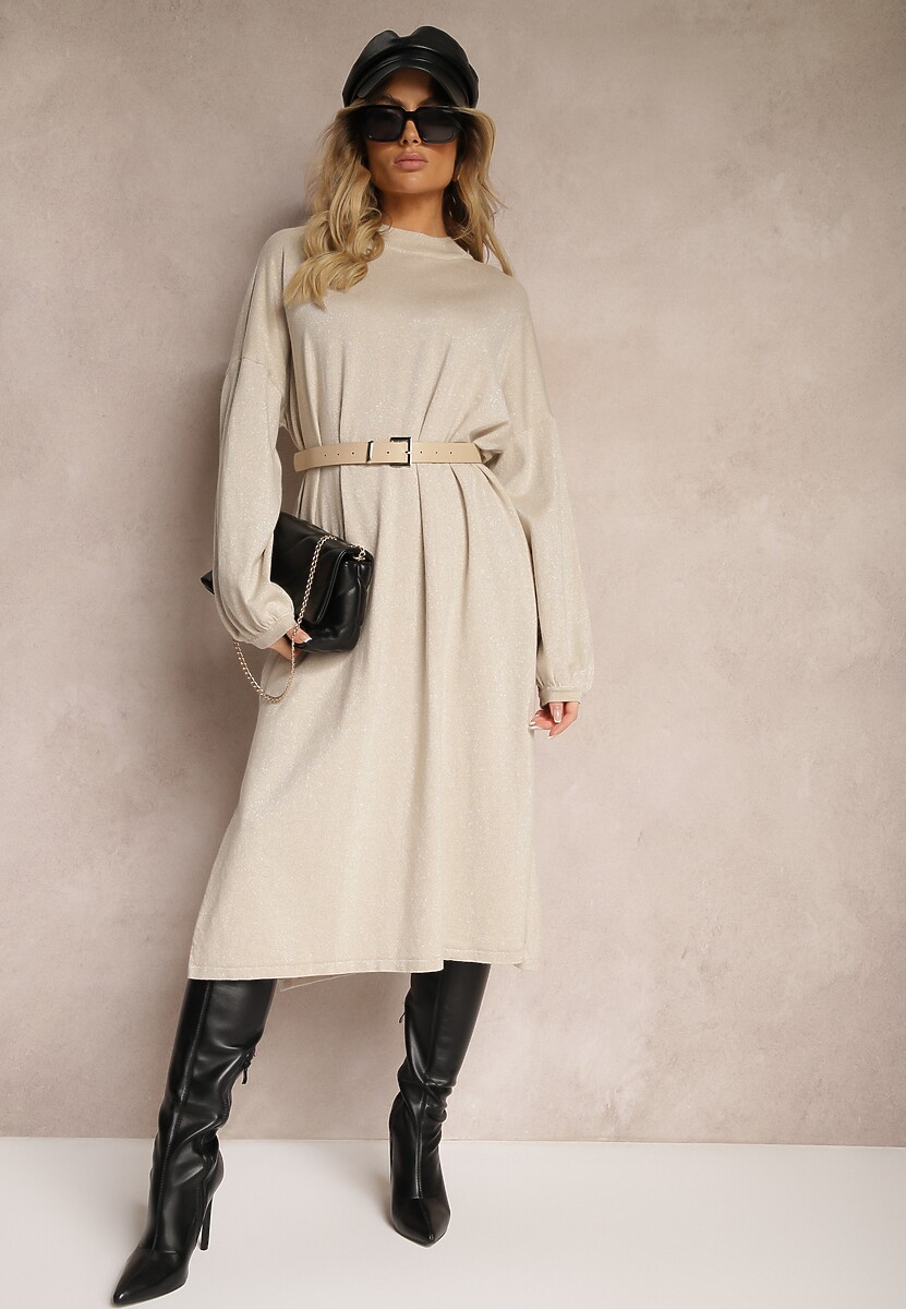 Beżowa Sukienka z Dodatkiem Wiskozy o Pudełkowym Kroju z Metaliczną Nicią Arkiria