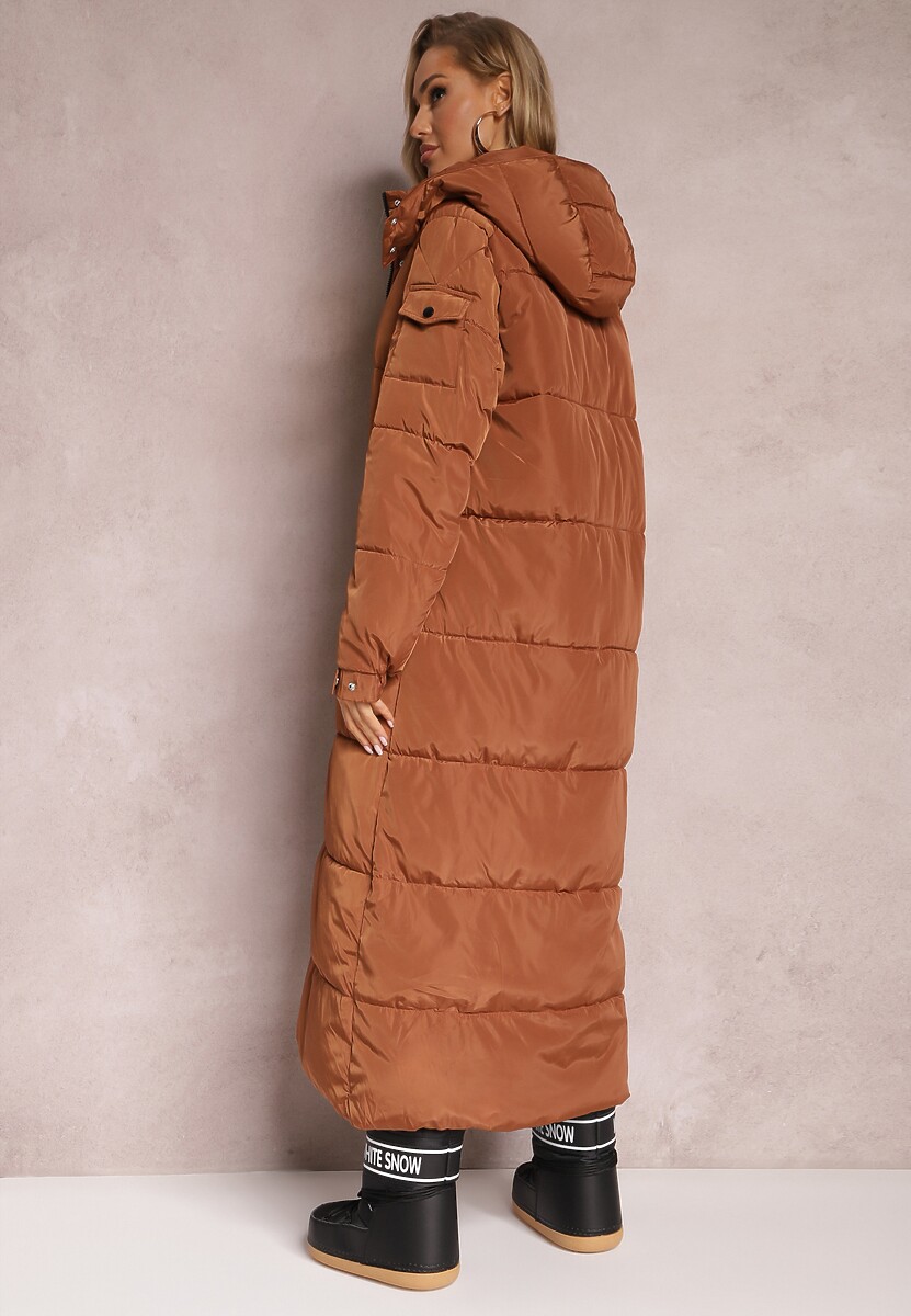 Brązowa Długa Kurtka Płaszcz z Pikowaniem i Odpinanym Kapturem Mystaris