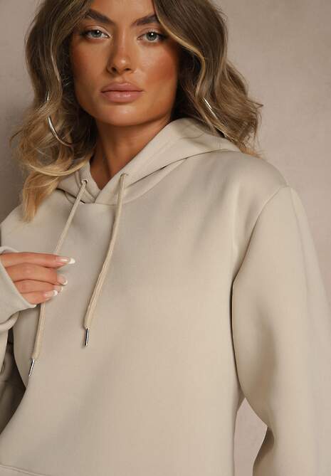 Beżowa Bluza z Kapturem Ozdobiona Ściągaczami Invila