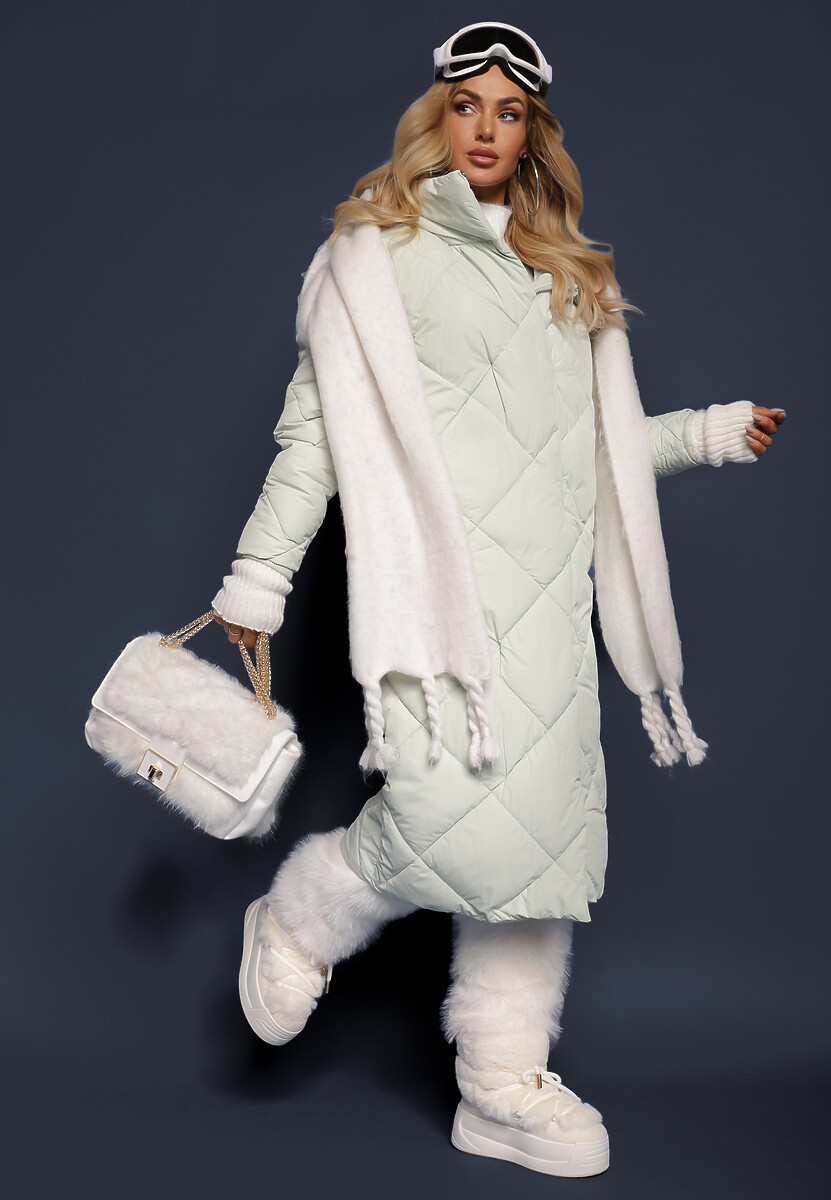 Jasnozielona Pikowana Kurtka Płaszcz za Kolano z Kapturem Kinassan