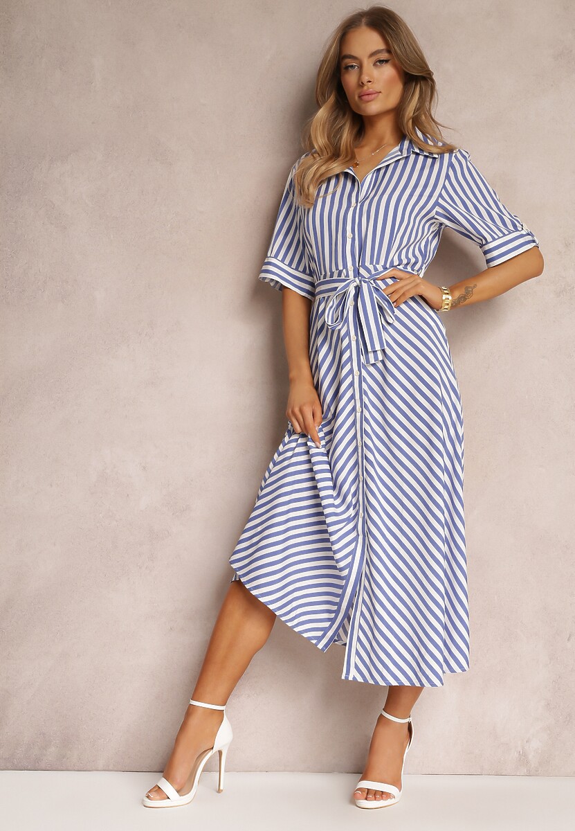 Niebieska Sukienka z Wiskozy w Paski o Koszulowym Fasonie z Wiązanym Paskiem Kimari