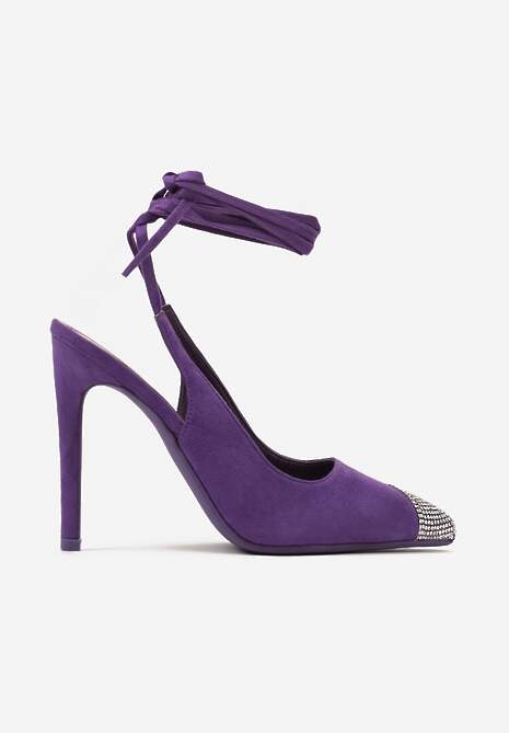 Fioletowe Sandały z Noskiem Ozdobionym Cyrkoniami i Wiązaniem wokół Łydki na Szpilce Hlienoma