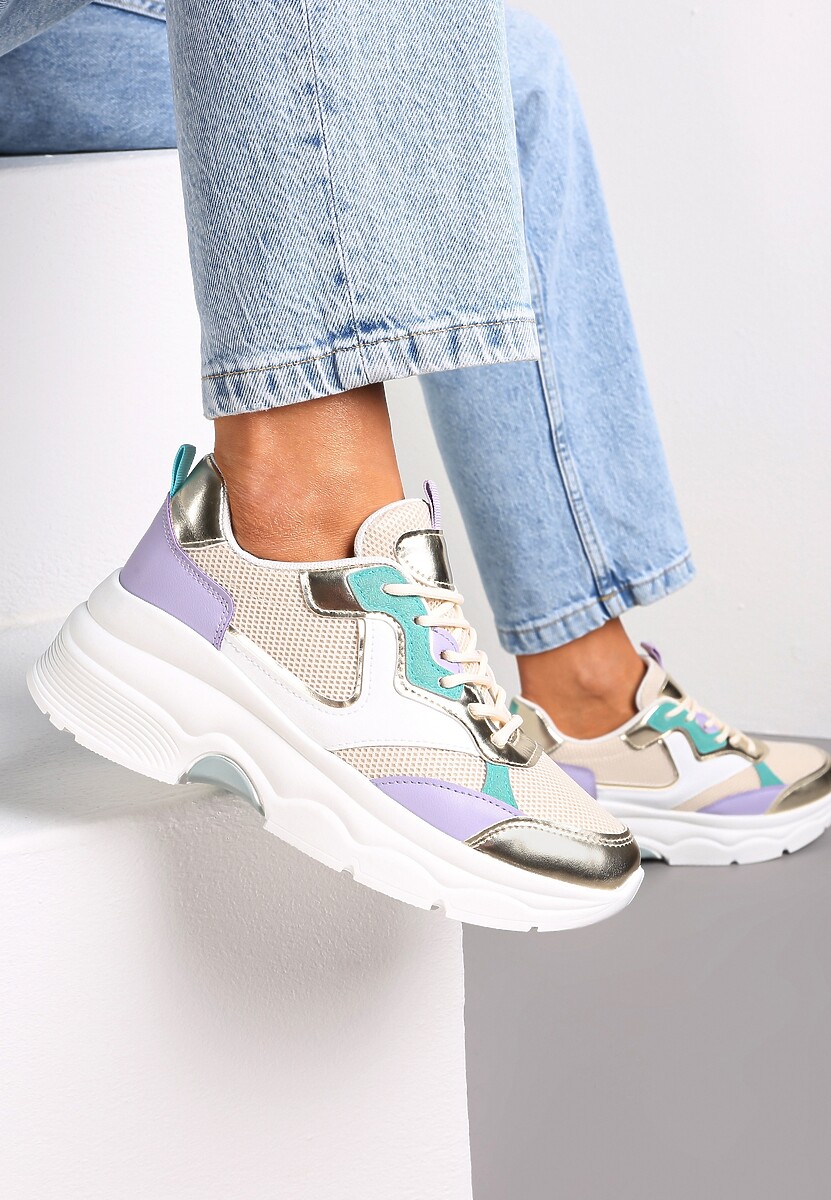 Beżowo-Złote Sneakersy na Grubej Podeszwie ze Wstawkami z Perforacją Lanya