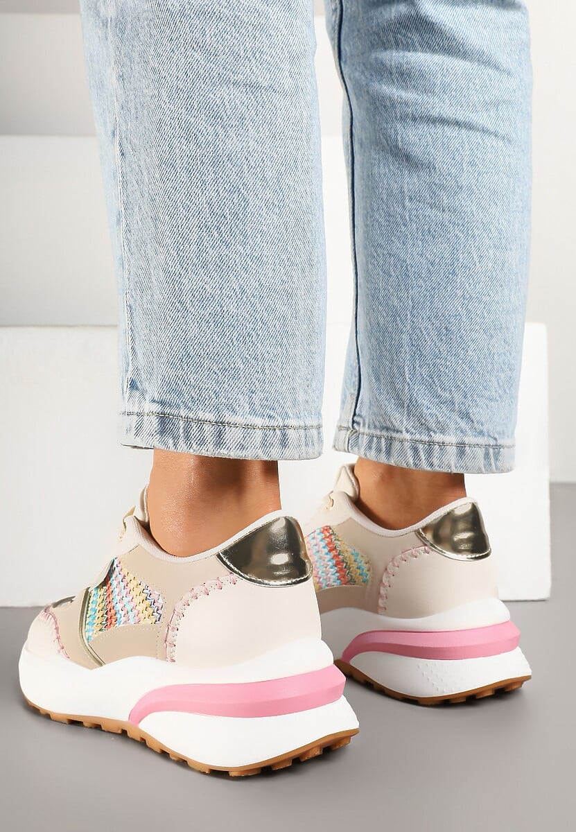 Beżowo-Różowe Sneakersy na Platformie ze Wstawkami z Plecionki Ninatia