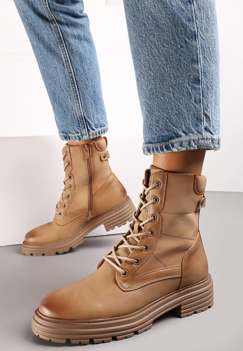 Beżowe Botki w Stylu Workerów Grunge Lenikka