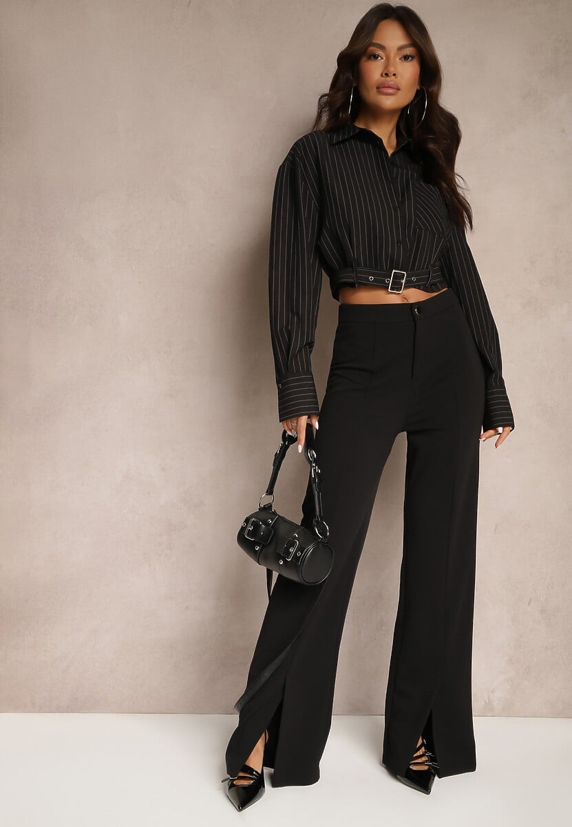 Beżowe Eleganckie Spodnie High Waist o Szerokim Kroju z Wiskozą i Rozcięciami Yurlea