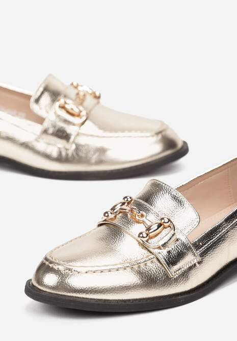 Złote Mokasyny z Cholewką przed Kostkę i Ozdobnym Paskiem Haeven