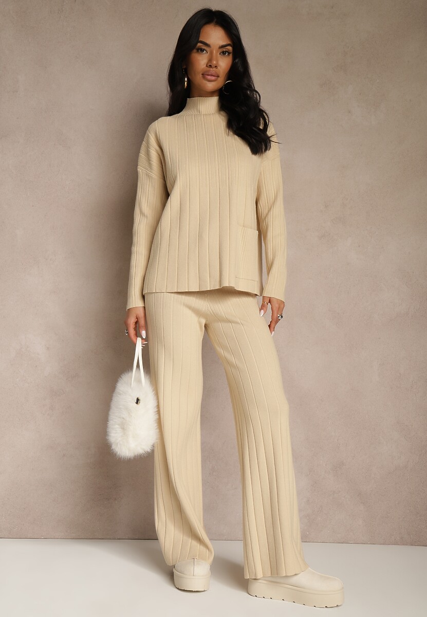 Czarny Komplet Dzianinowy Spodnie o Szerokim Kroju i Sweter Półgolf Datusa