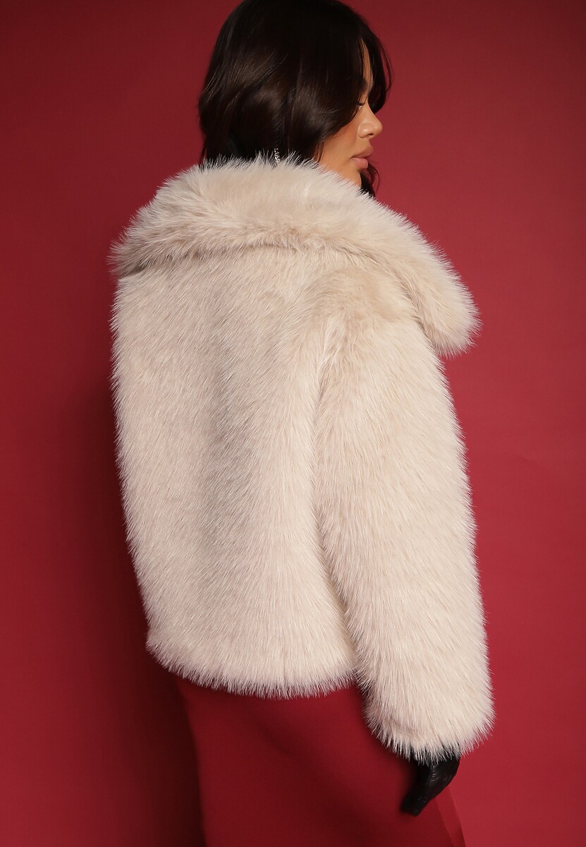 Beżowa Klasyczna Kurtka Futerko z Szerokim Kołnierzem Sannithra