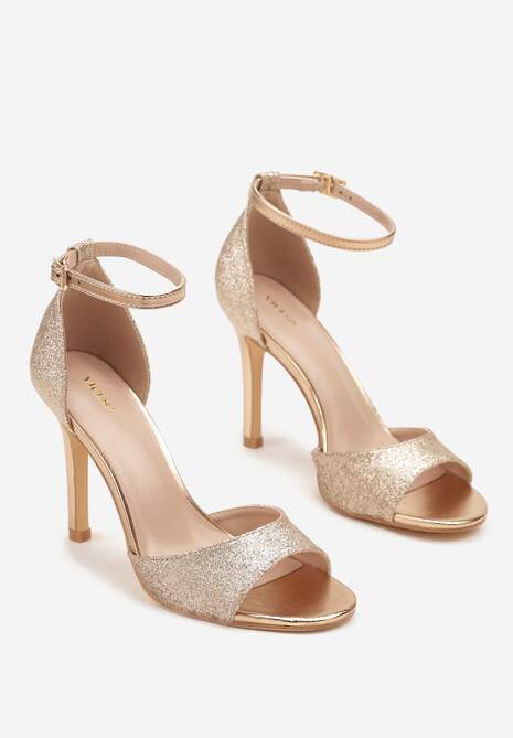 Szampańskie Brokatowe Sandały Vices na Szpilce z Okrągłym Noskiem Katoria