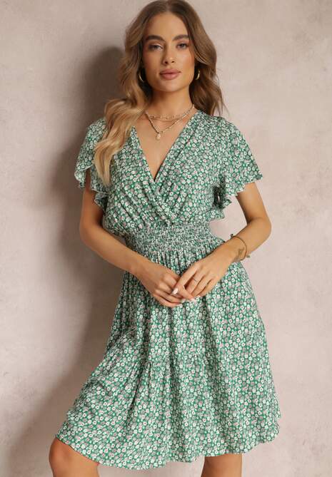 Zielona Sukienka Mini z Gumką w Talii z Wiskozy Jensa