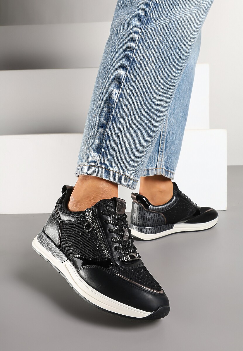 Czarne Sneakersy z Wkładką ze Skóry Naturalnej Zdobione Suwakiem Fihanor