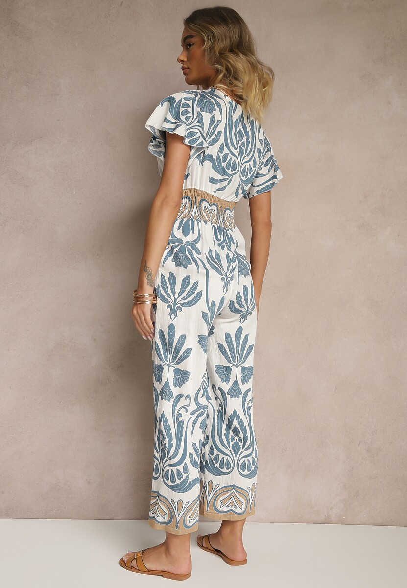 Niebieski Kombinezon z Wiskozy z Zaznaczoną Talią w Boho Wzór i Dekoltem V Virazia