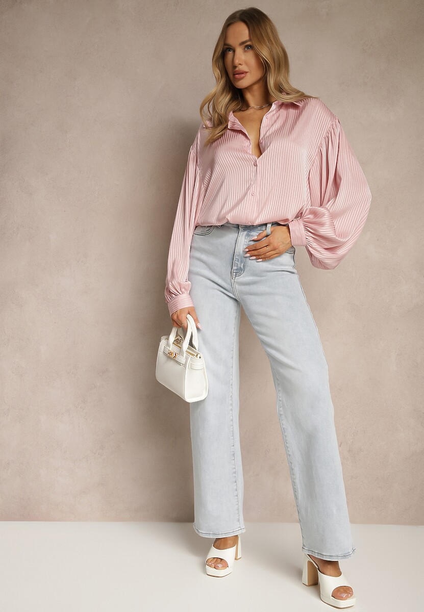 Różowa Koszula z Dłuższym Tyłem i Bufiastymi Rękawami Zivane