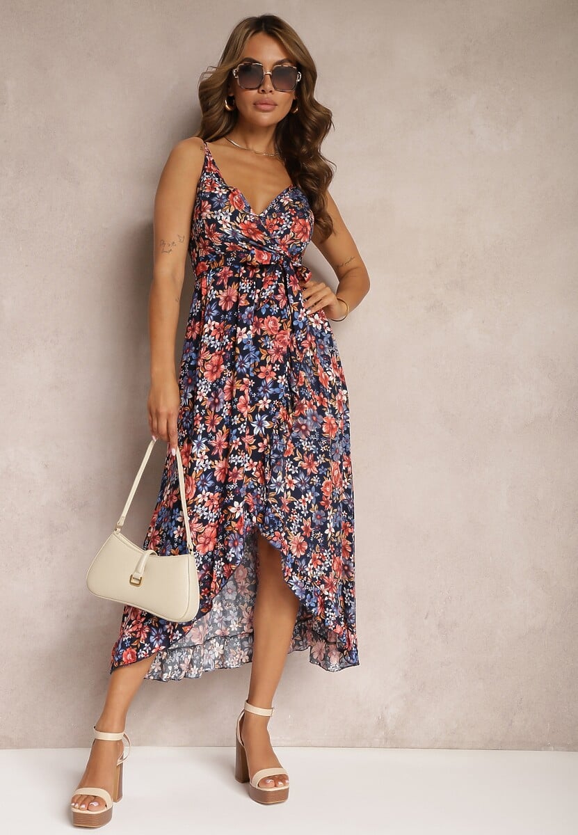 Granatowa Kopertowa Sukienka z Bawełny w Kwiaty na Ramiączkach Rissanda