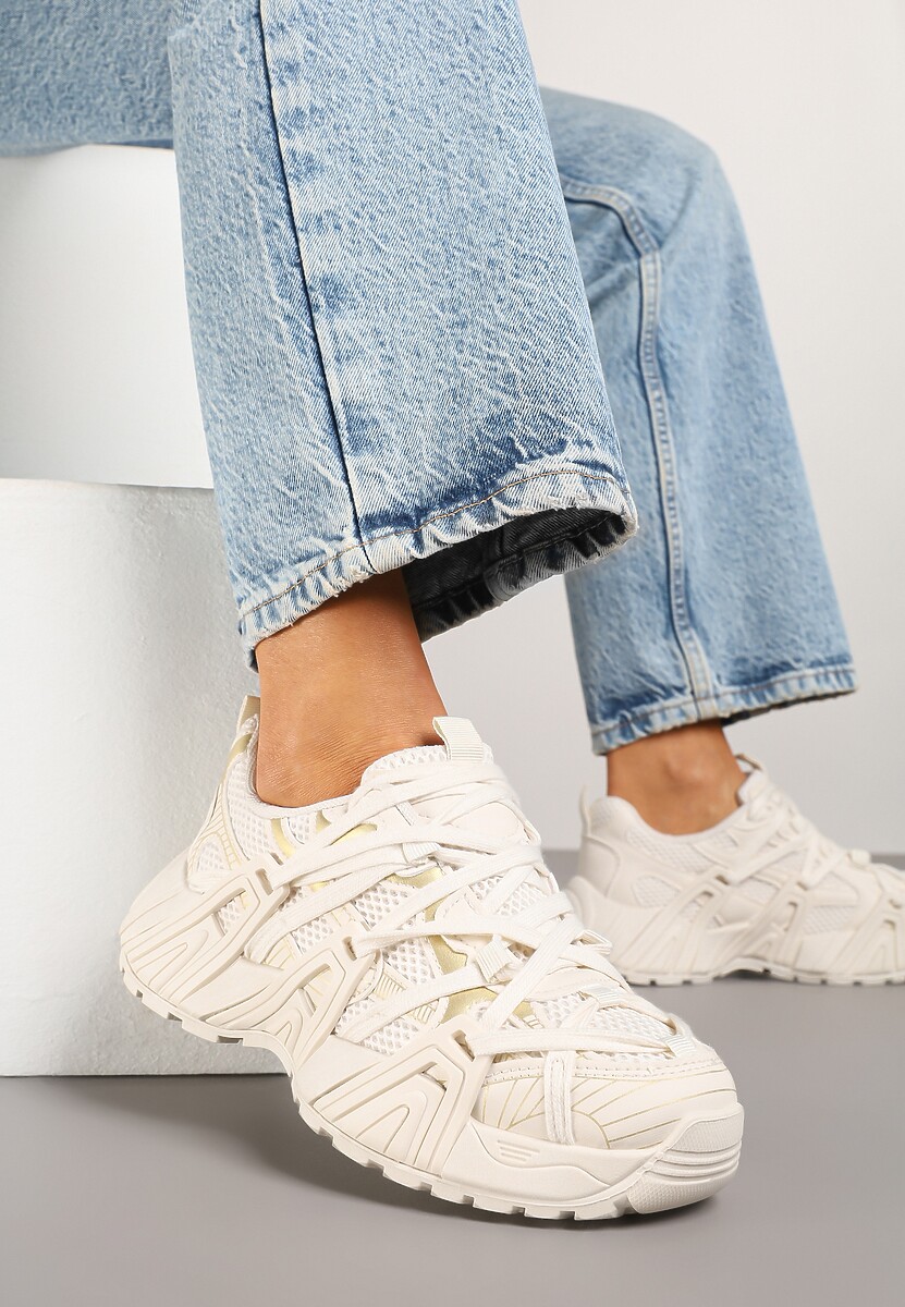 Beżowe Sneakersy Ozdobione Geometrycznym Motywem Pollines