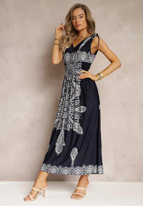 Granatowa Długa Sukienka z Wzorem Boho Sznurkami na Ramionach i Gumką w Pasie Hideni