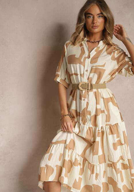 Beżowa Sukienka z Wiskozy Ozdobiona Geometrycznym Motywem Filorea