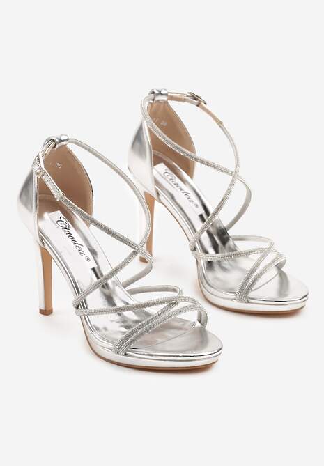 Srebrne Sandały Szpilki z Paseczkami Ozdobionymi Cyrkoniami Eladriela