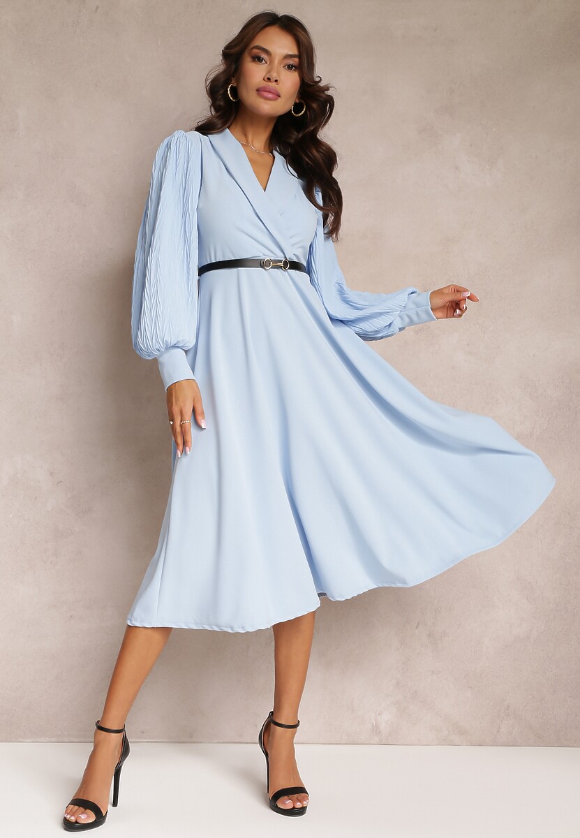 Fioletowa Rozkloszowana Sukienka z Paskiem i Długim Rękawem Malaiyah