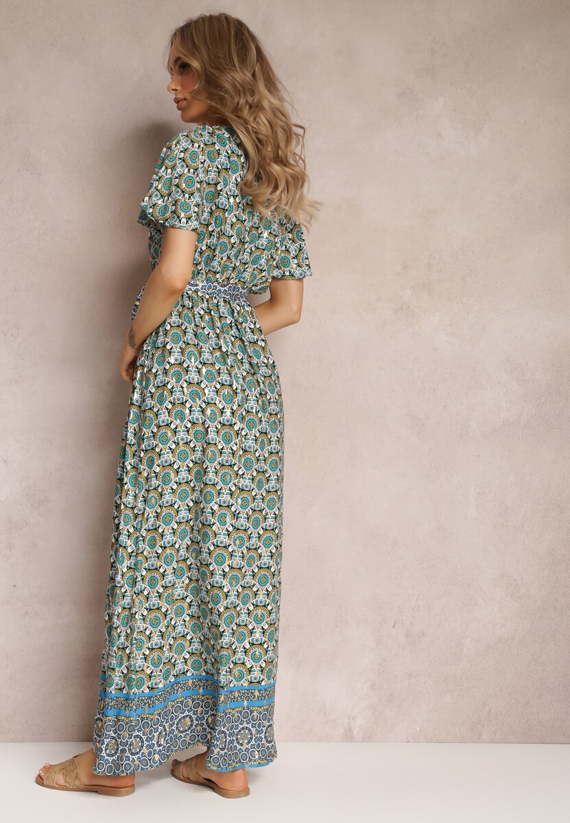 Miętowo-Zielona Sukienka Maxi z Paskiem i Gumką w Talii w Ornamentalny Wzór Calvim