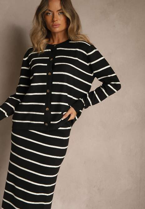 Czarny Komplet z Wiskozą Spódnica i Bluzka z Guzikami Ozdobione Paskami Forrive