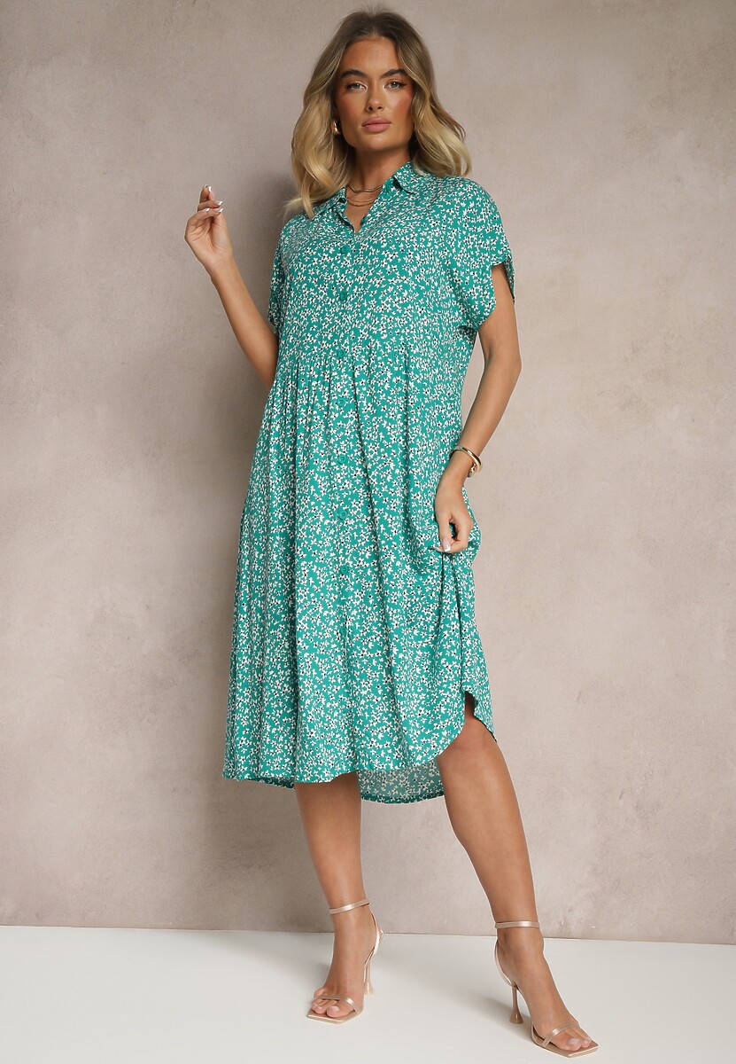 Ciemnozielona Koszulowa Sukienka z Bawełny w Kwiaty o Rozkloszowanym Fasonie Sarilon