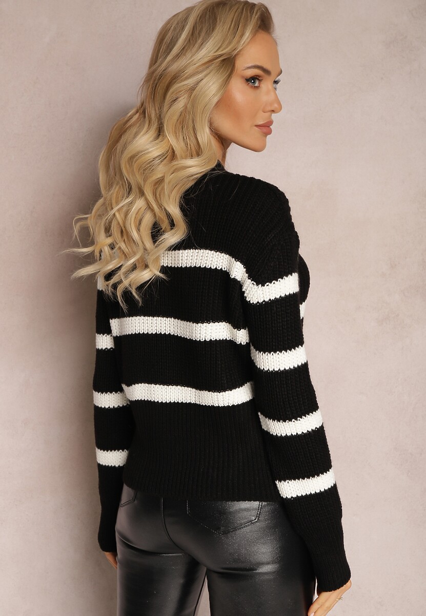 Czarny Elastyczny Sweter w Paski z Okrągłym Dekoltem Lillana
