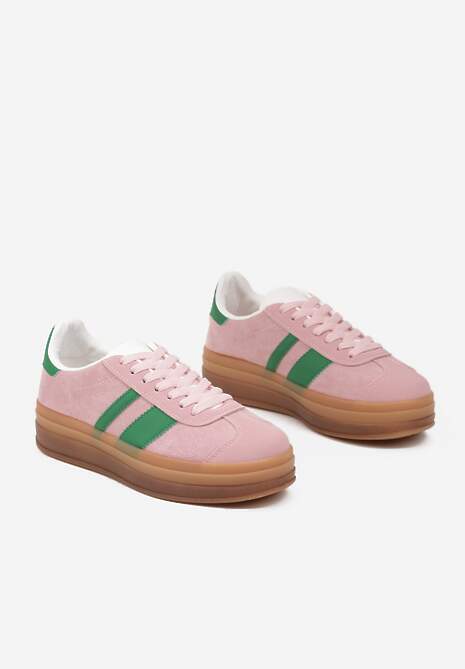 Różowo-Zielone Sneakersy na Płaskiej Podeszwie z Ozdobnymi Paskami Velali
