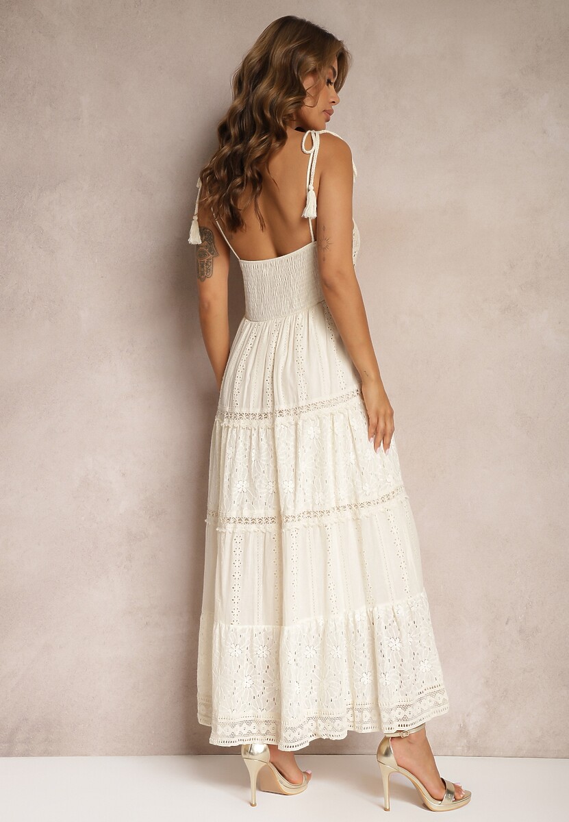 Beżowa Szydełkowa Sukienka Maxi z Ozdobnym Haftem i Falbanką Eshade