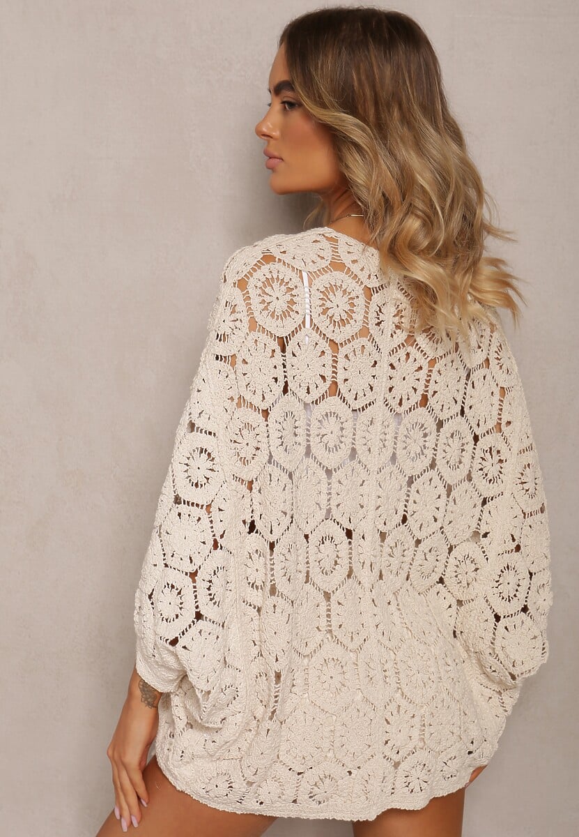 Beżowa Narzutka Kardigan z Bawełny o Ażurowym Wykończeniu Olvitela