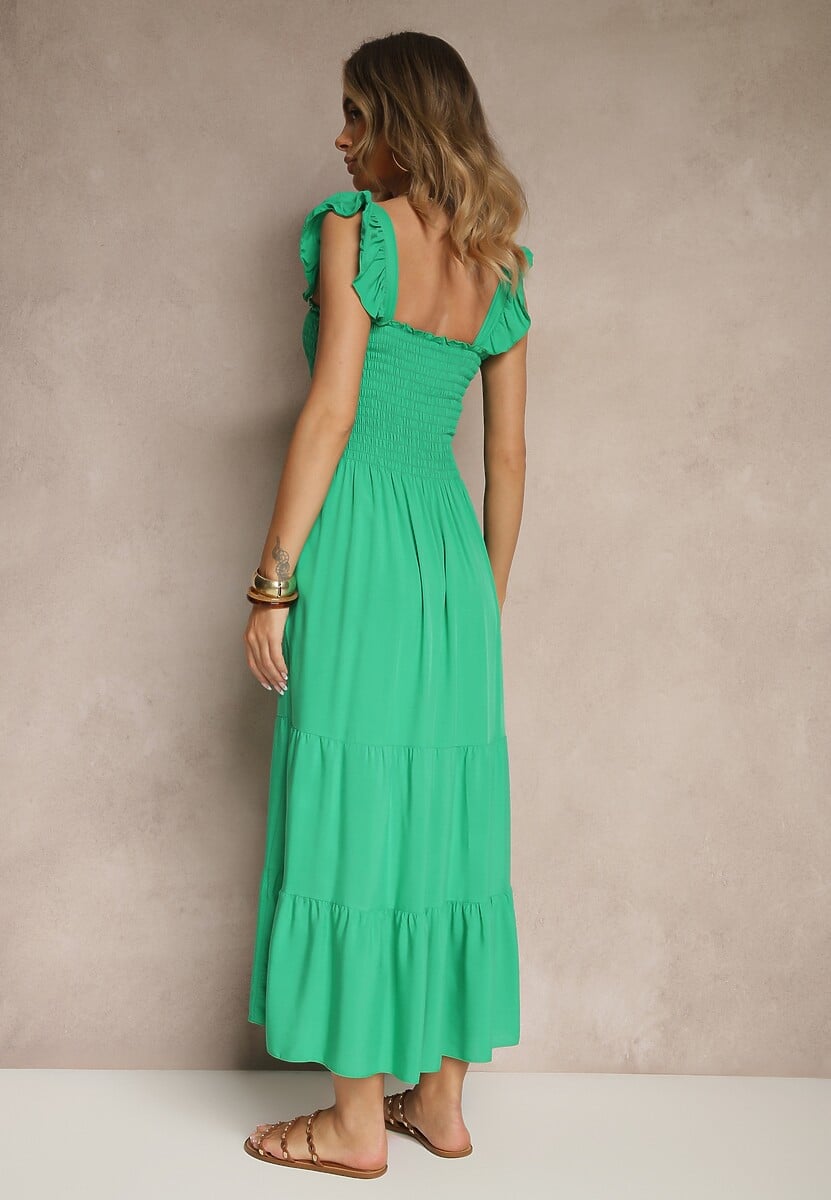 Zielona Sukienka z Bawełny na Ramiączkach Ozdobiona Falbanami i Gumkami Mevalys