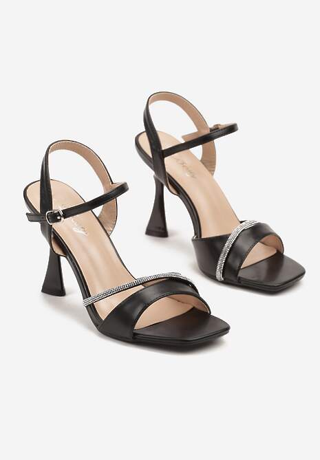 Czarne Sandały Szpilki z Cyrkoniowym Zdobieniem na Obcasie Typu Klepsydra Haldiva