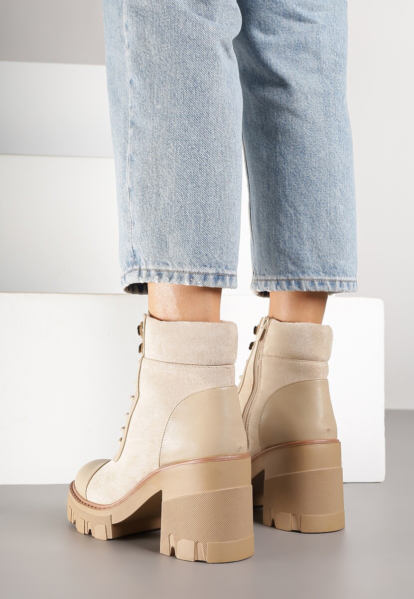 Beżowe Botki na Obcasie z Platformą Ozdobione Wstawkami Ezilda