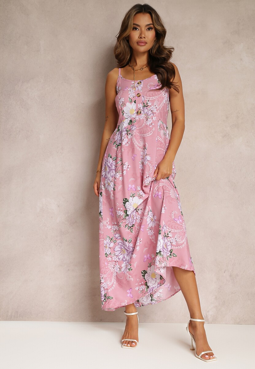 Różowa Sukienka w Kwiaty na Ramiączkach Lydienne