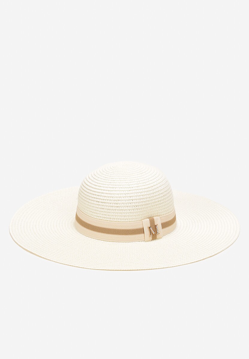 Beżowy Szeroki Kapelusz Słomiany z Ozdobą w Cyrkonie Jazzed