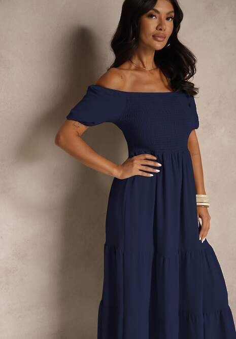 Granatowa Sukienka Hiszpanka z Marszczoną Górą Lumirielle