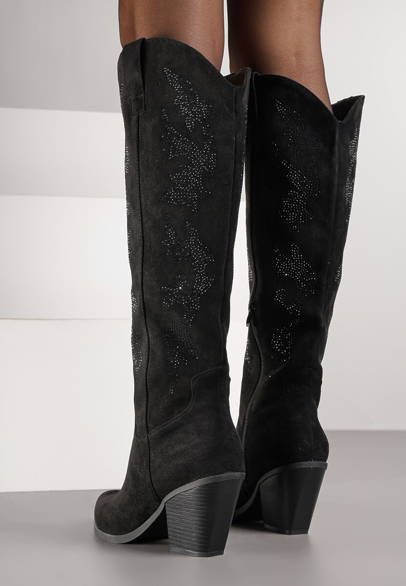 Czarne Kozaki Kowbojki na Stożkowym Obcasie z Aplikacją z Cyrkoniami Zevrine