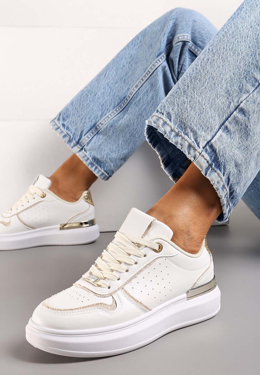 Beżowo-Białe Sneakersy na Platformie Ozdobione Brokatem i Metaliczną Wstawką Mexia