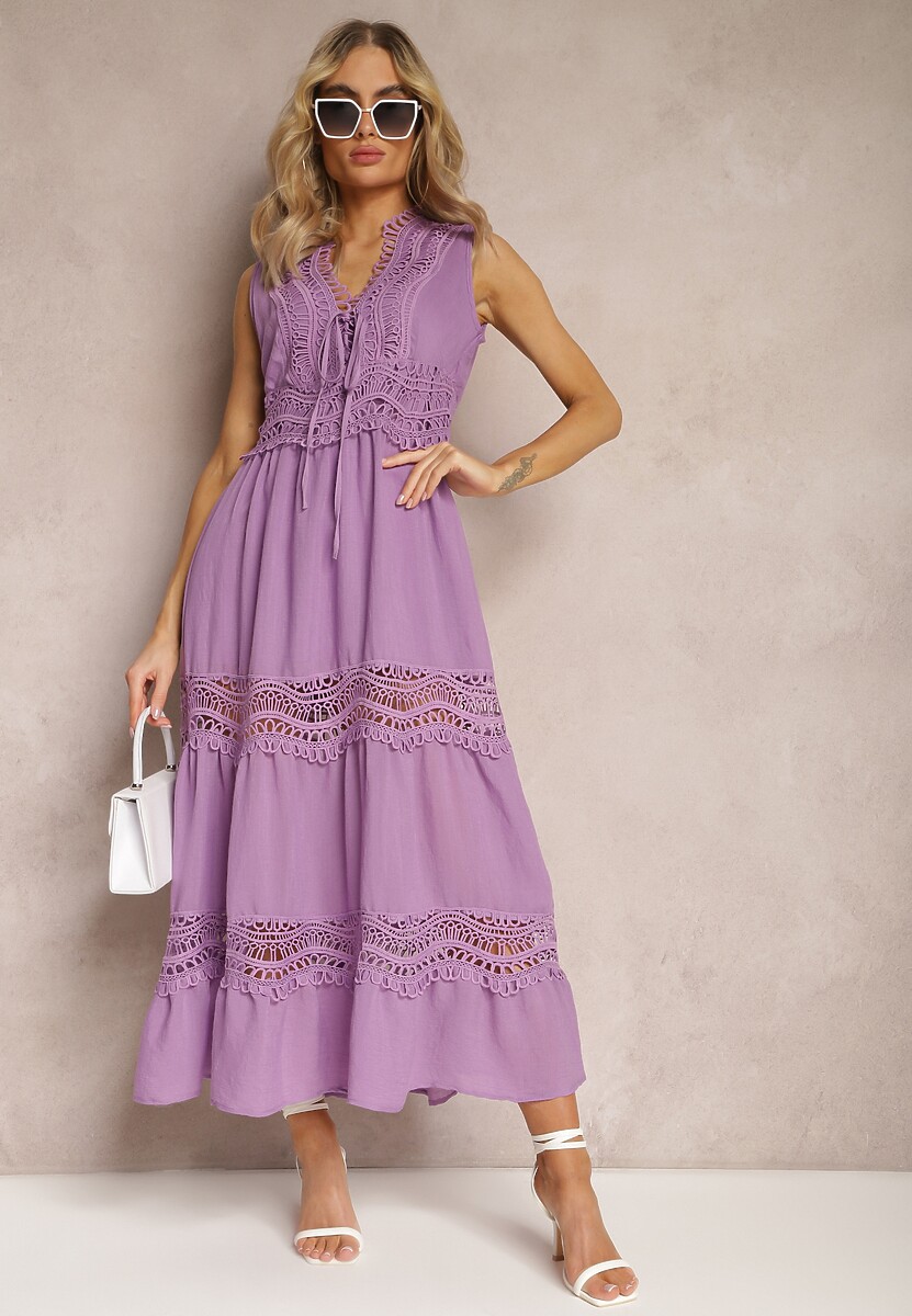 Fioletowa Maxi Sukienka o Rozkloszowanym Kroju z Ażurowymi Wstawkami Litulla